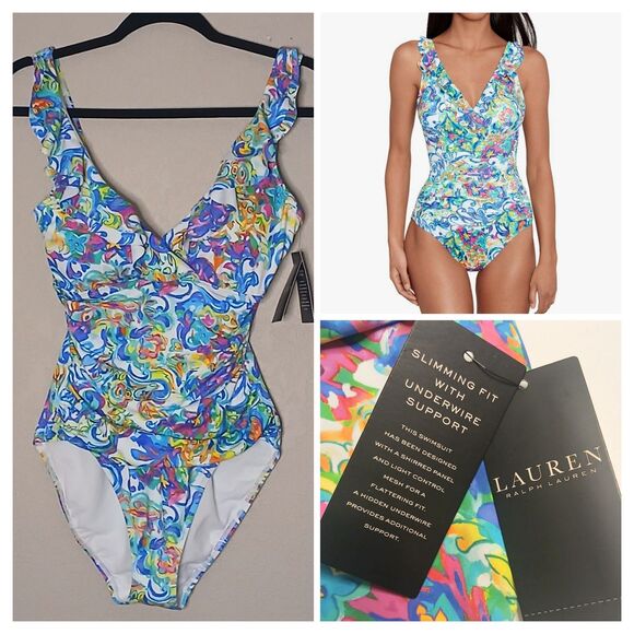 LAUREN Ralph Lauren Swimsuit Sz 8 Ruffle V-neck One Piece Multi Print - Picture 15 of 15